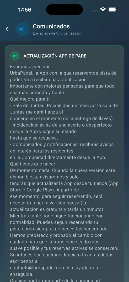 Pantalla de comunicados con un aviso de la administración