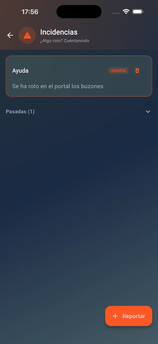 Pantalla de incidencias con una avería abierta