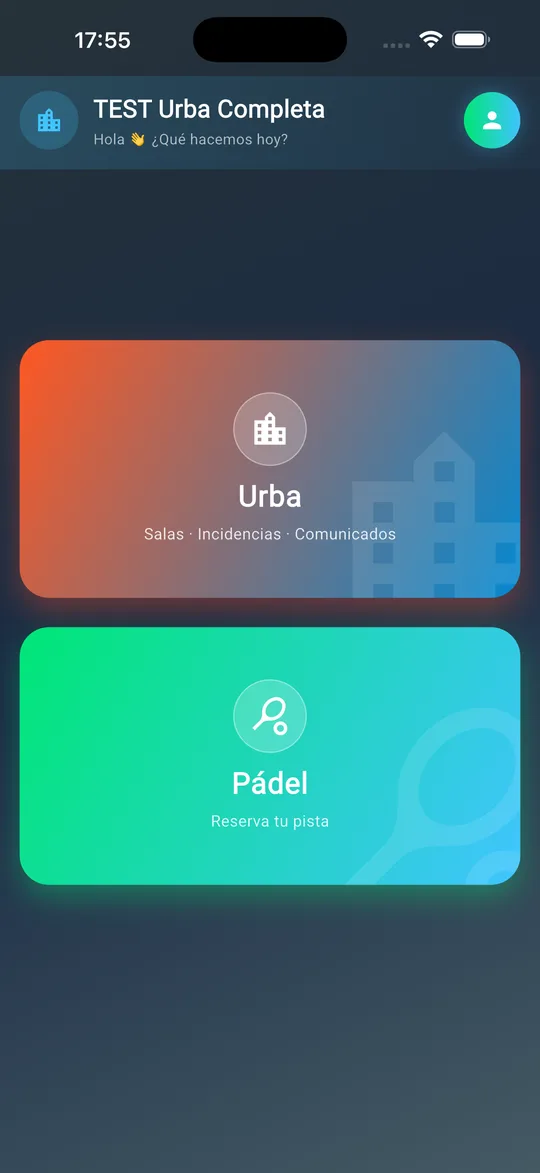 Pantalla de inicio de UrbaPadel con los accesos a Urba y Pádel
