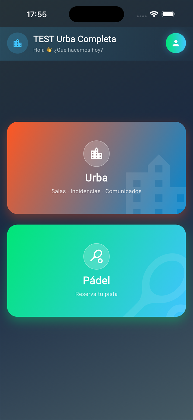 UrbaPadel: inicio con accesos a Urba y Pádel